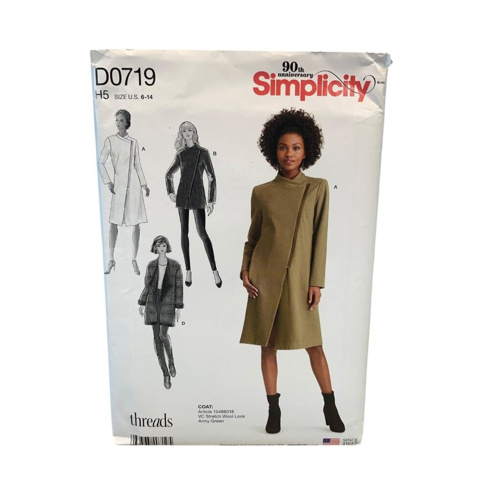 Simplicity D0719 Misses' Coat‎ Jacket Sewing Pattern Size 6-14